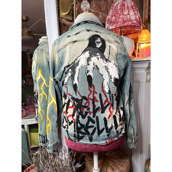 Unisex "Embellish" Custom Painted Distressed Denim Jacket With Painted Graphics - Picture 9 of 16